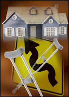 Homeowners Insurance Coverage image with home, crutches and caution sign